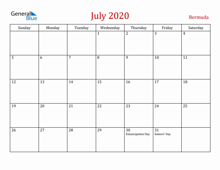Bermuda July 2020 Calendar - Sunday Start