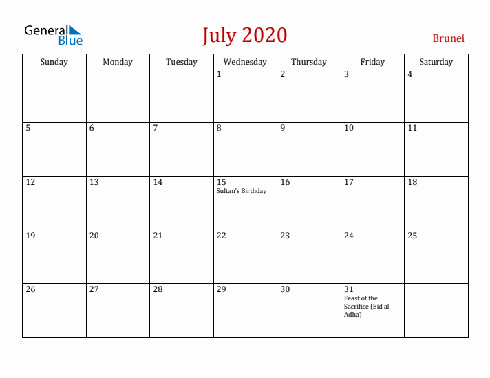 Brunei July 2020 Calendar - Sunday Start