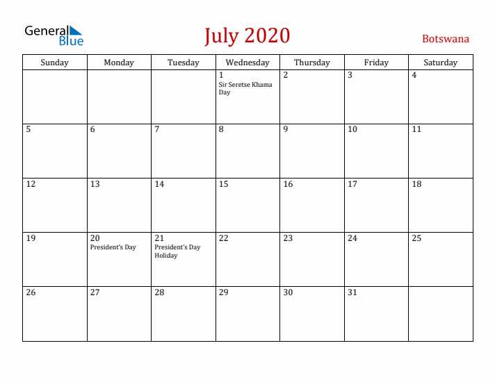 Botswana July 2020 Calendar - Sunday Start