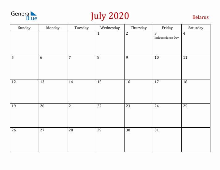 Belarus July 2020 Calendar - Sunday Start