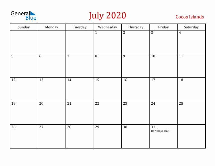Cocos Islands July 2020 Calendar - Sunday Start