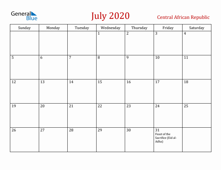 Central African Republic July 2020 Calendar - Sunday Start