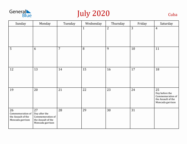 Cuba July 2020 Calendar - Sunday Start