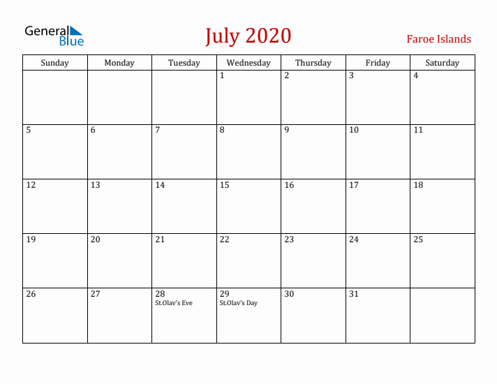 Faroe Islands July 2020 Calendar - Sunday Start