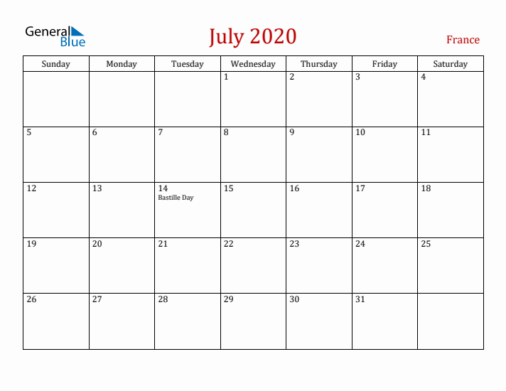 France July 2020 Calendar - Sunday Start