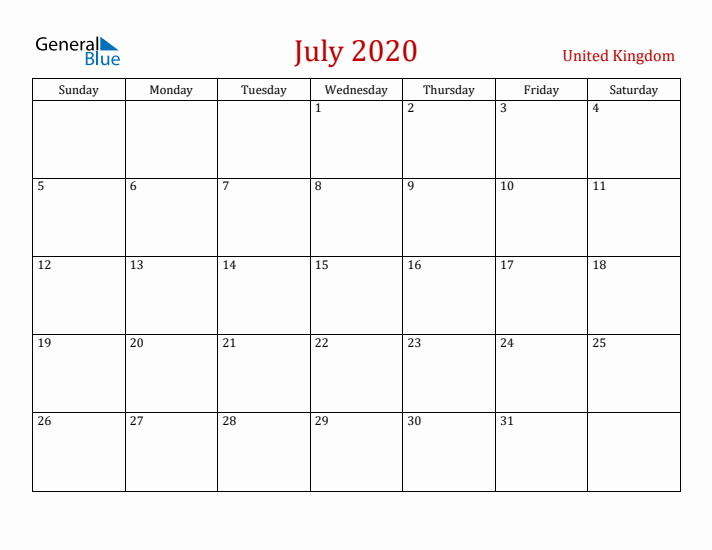United Kingdom July 2020 Calendar - Sunday Start
