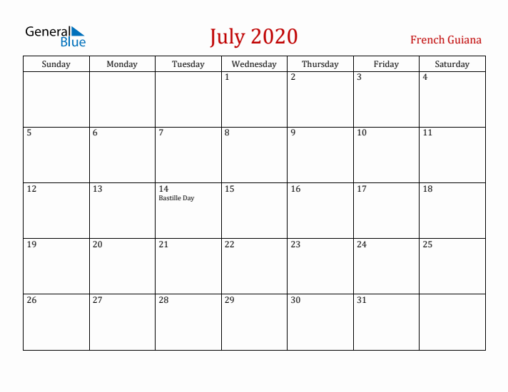 French Guiana July 2020 Calendar - Sunday Start