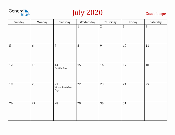 Guadeloupe July 2020 Calendar - Sunday Start