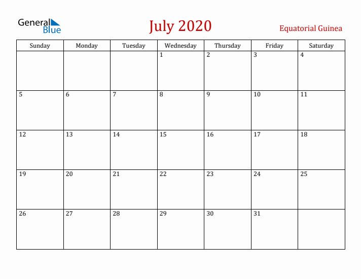 Equatorial Guinea July 2020 Calendar - Sunday Start