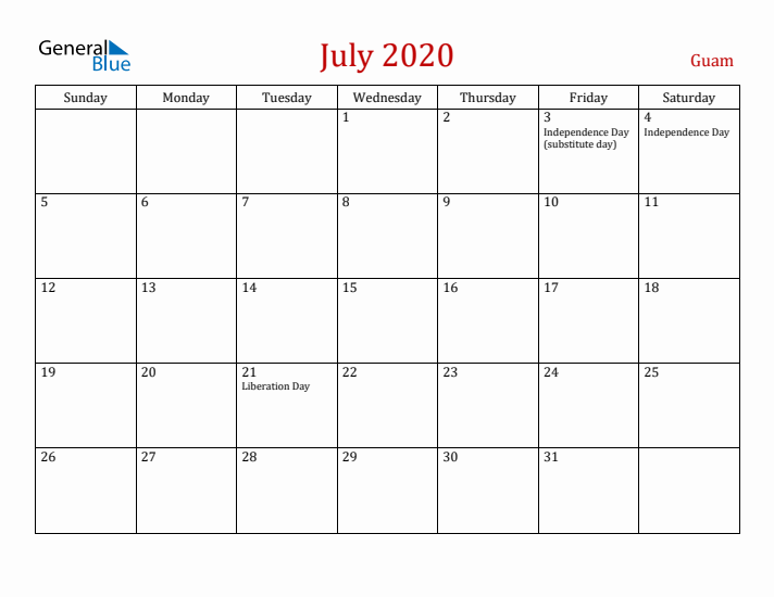 Guam July 2020 Calendar - Sunday Start