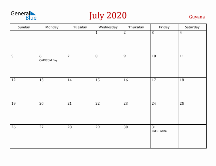 Guyana July 2020 Calendar - Sunday Start