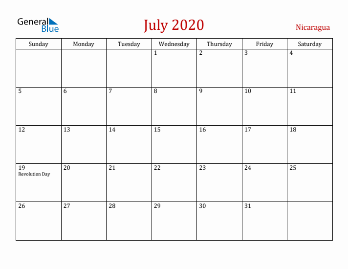 Nicaragua July 2020 Calendar - Sunday Start