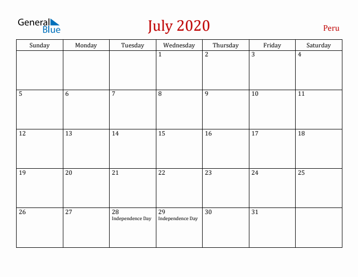 Peru July 2020 Calendar - Sunday Start