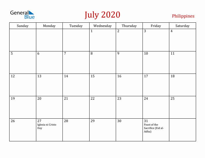 Philippines July 2020 Calendar - Sunday Start