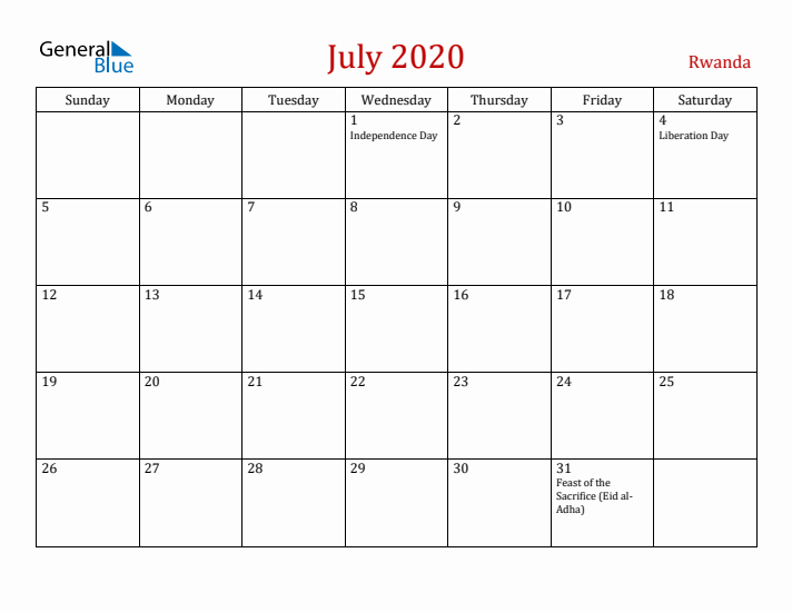 Rwanda July 2020 Calendar - Sunday Start