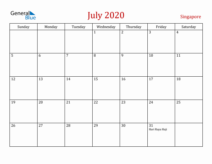 Singapore July 2020 Calendar - Sunday Start