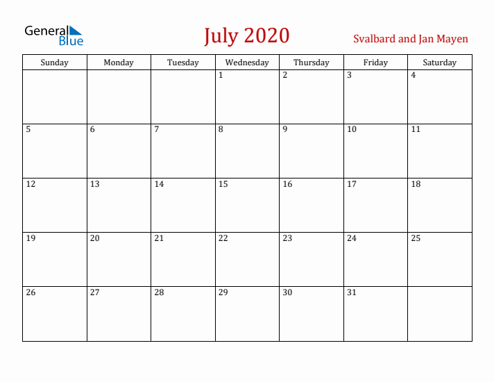 Svalbard and Jan Mayen July 2020 Calendar - Sunday Start
