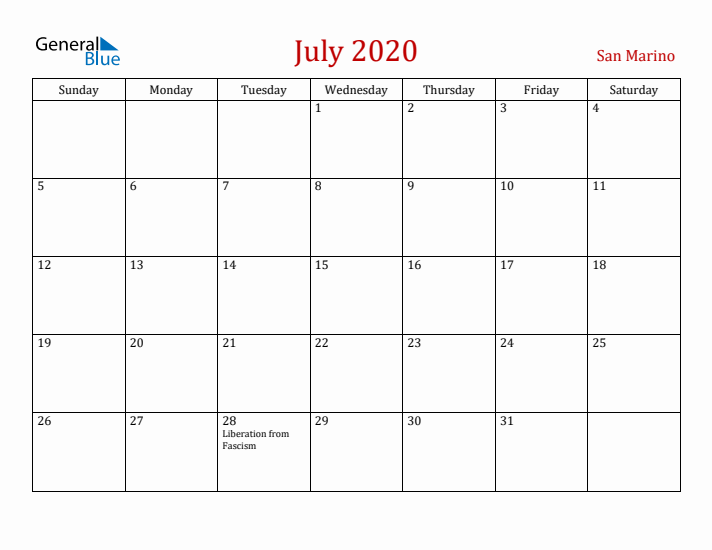 San Marino July 2020 Calendar - Sunday Start