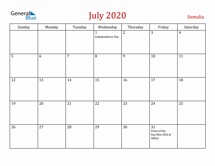 Somalia July 2020 Calendar - Sunday Start