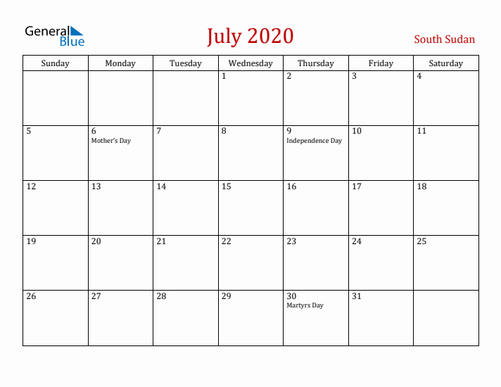 South Sudan July 2020 Calendar - Sunday Start