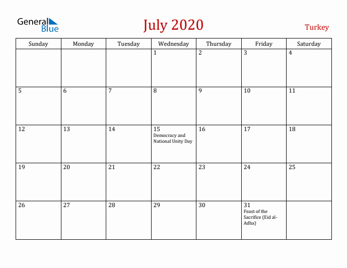 Turkey July 2020 Calendar - Sunday Start