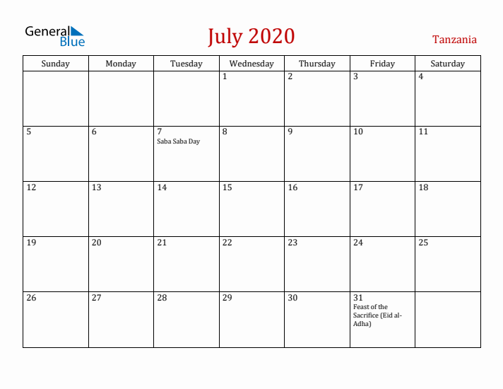 Tanzania July 2020 Calendar - Sunday Start