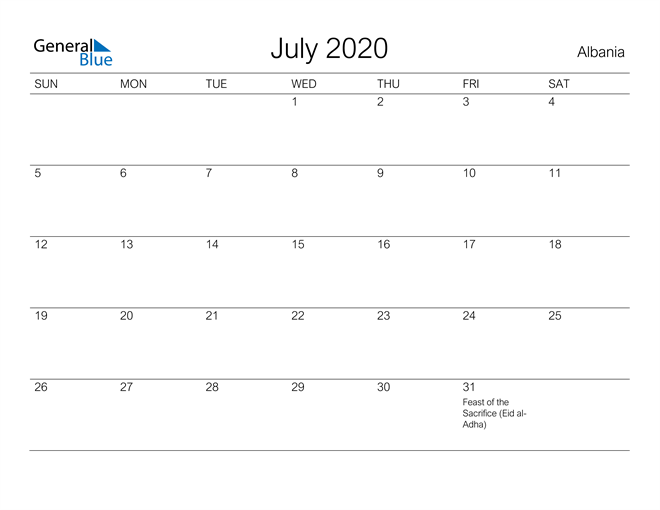 Printable July 2020 Calendar for Albania