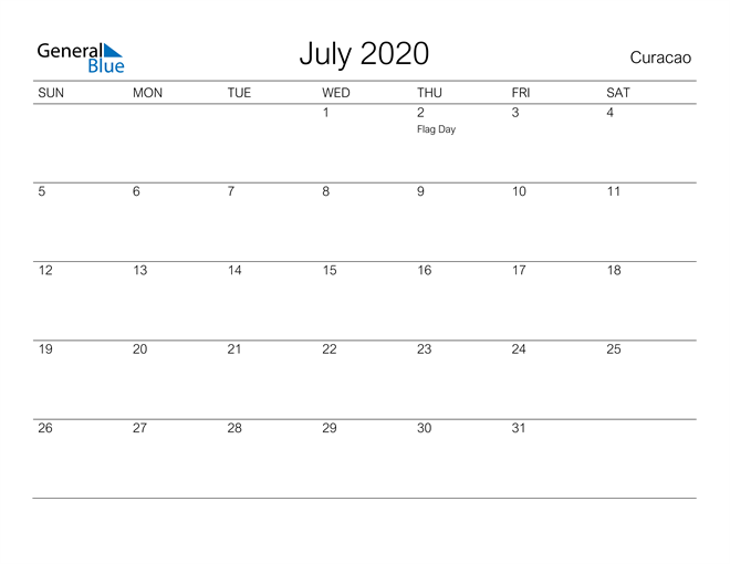 Printable July 2020 Calendar for Curacao
