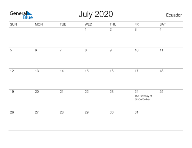 Printable July 2020 Calendar for Ecuador