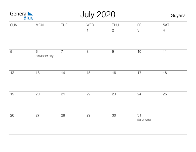 Printable July 2020 Calendar for Guyana