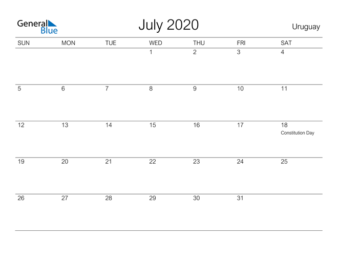 Printable July 2020 Calendar for Uruguay