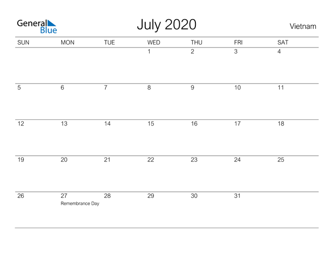 Printable July 2020 Calendar for Vietnam