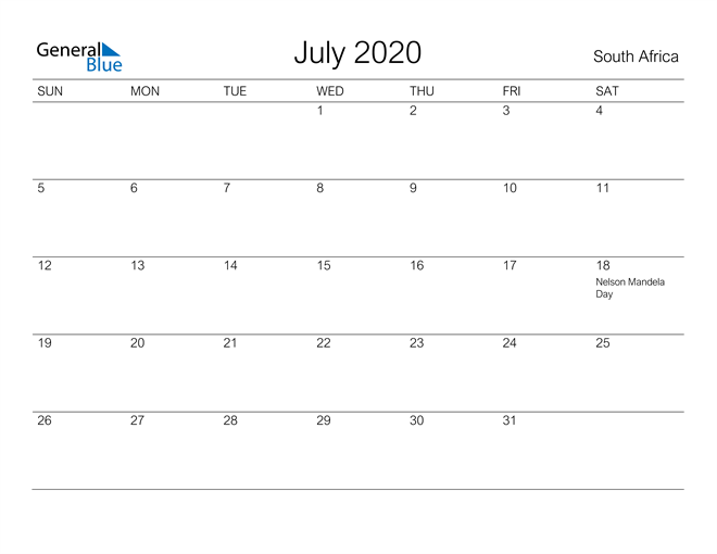 Printable July 2020 Calendar for South Africa