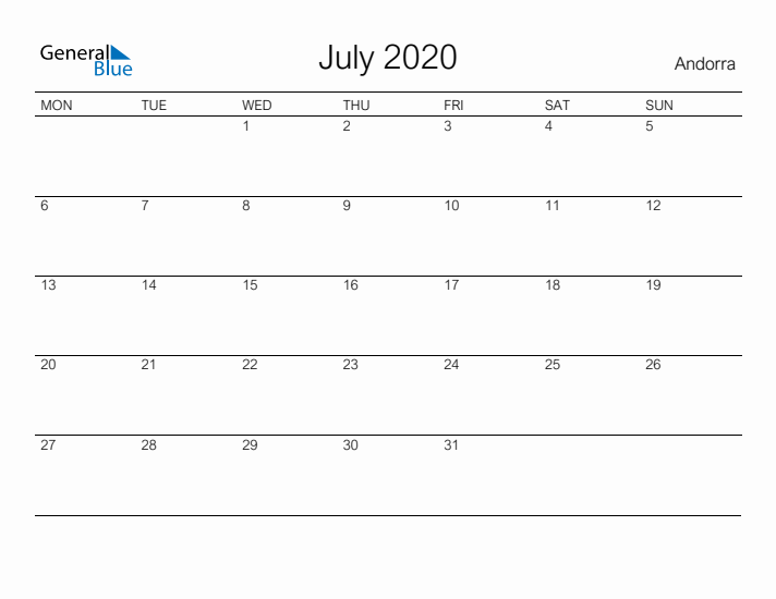 Printable July 2020 Calendar for Andorra