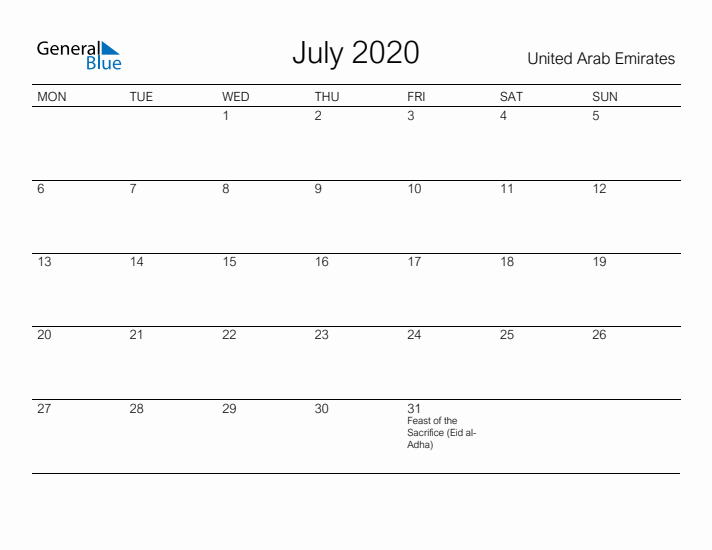 Printable July 2020 Calendar for United Arab Emirates