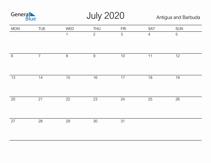 Printable July 2020 Calendar for Antigua and Barbuda