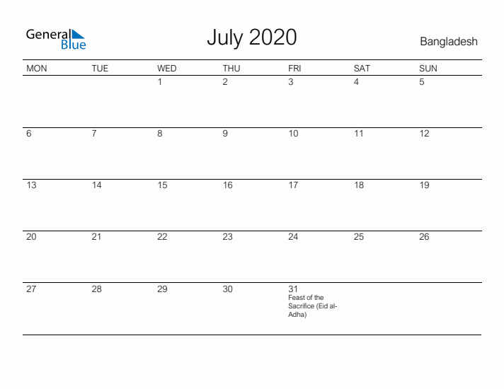 Printable July 2020 Calendar for Bangladesh