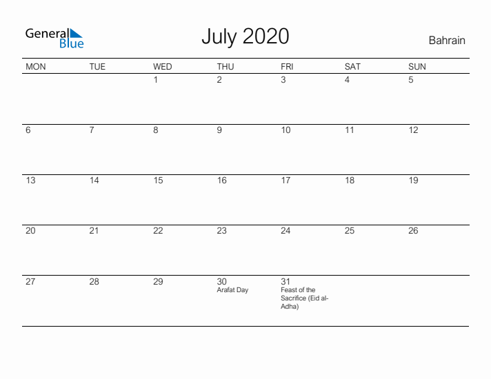 Printable July 2020 Calendar for Bahrain