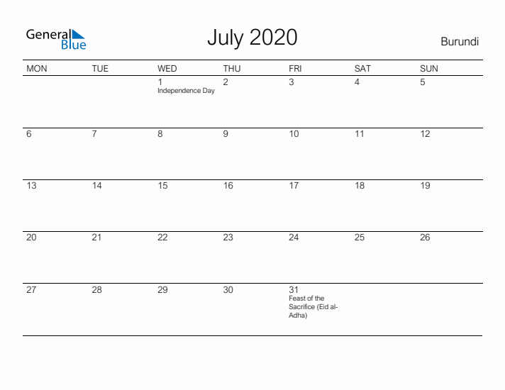 Printable July 2020 Calendar for Burundi