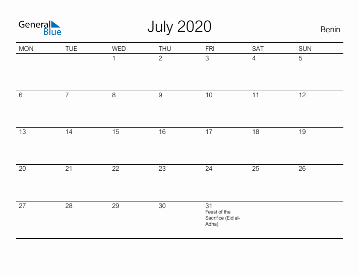Printable July 2020 Calendar for Benin