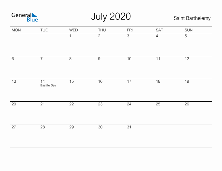 Printable July 2020 Calendar for Saint Barthelemy