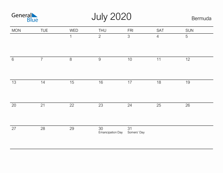 Printable July 2020 Calendar for Bermuda
