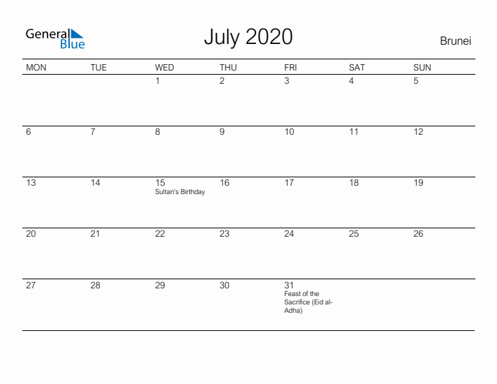 Printable July 2020 Calendar for Brunei