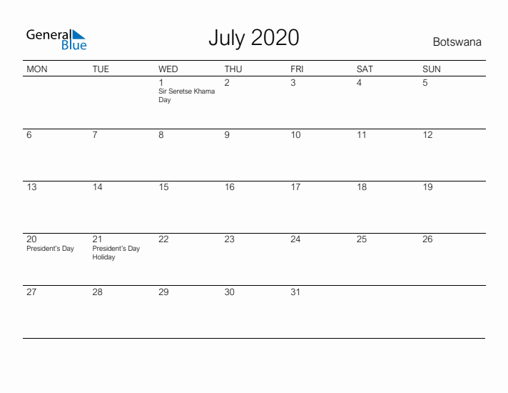 Printable July 2020 Calendar for Botswana