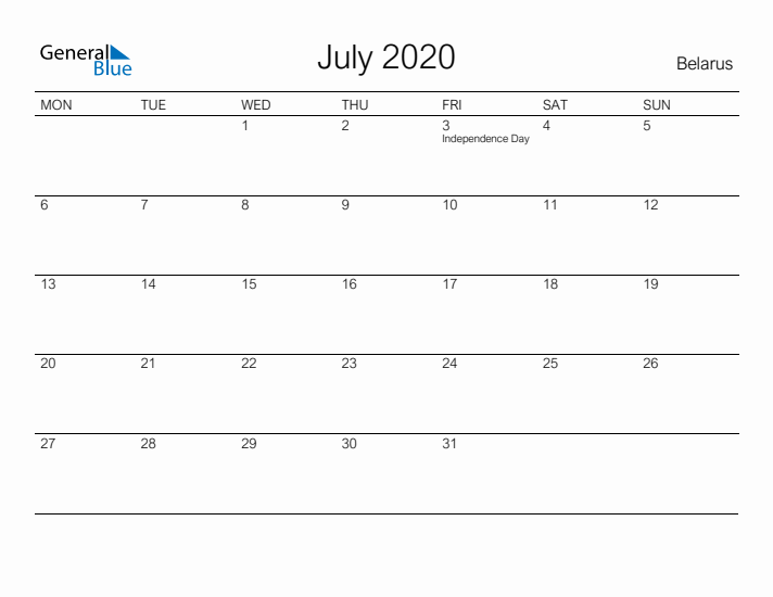 Printable July 2020 Calendar for Belarus