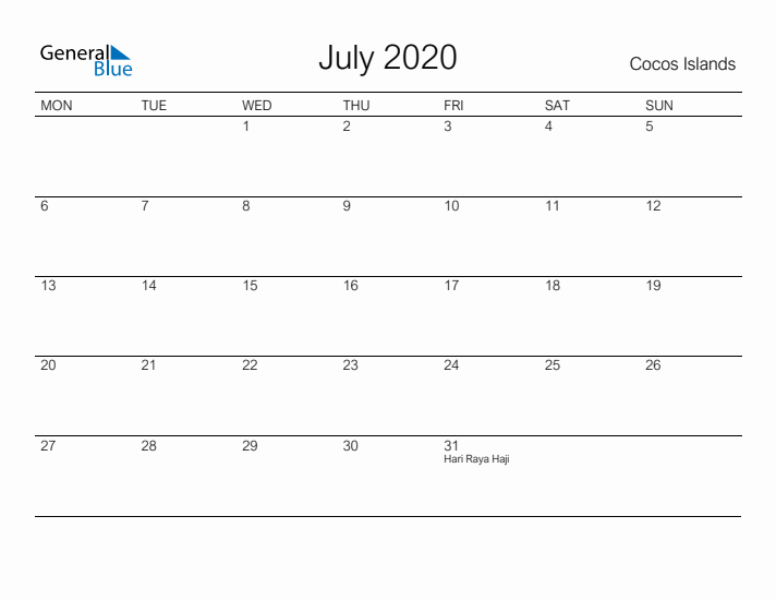 Printable July 2020 Calendar for Cocos Islands