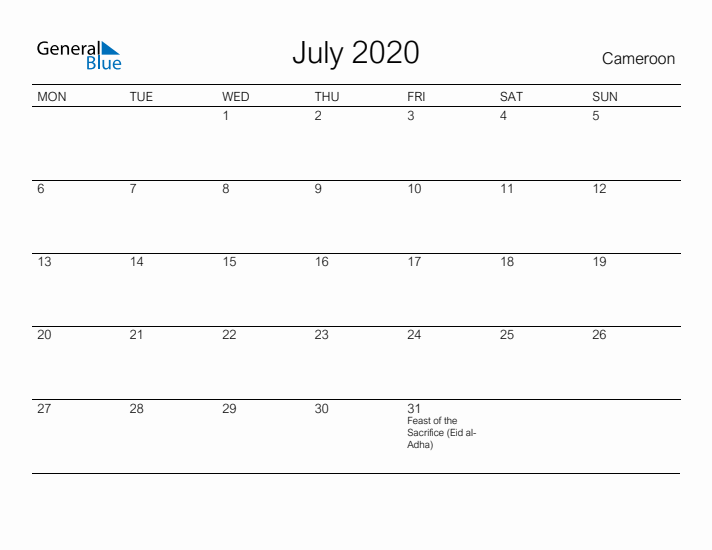 Printable July 2020 Calendar for Cameroon
