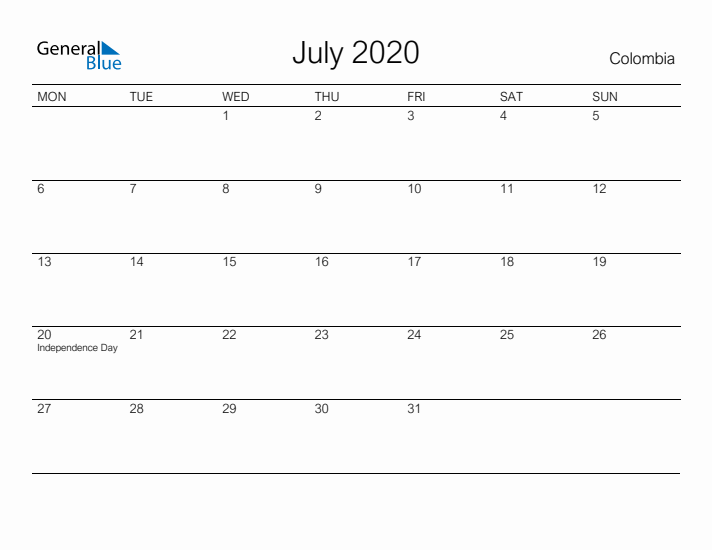 Printable July 2020 Calendar for Colombia