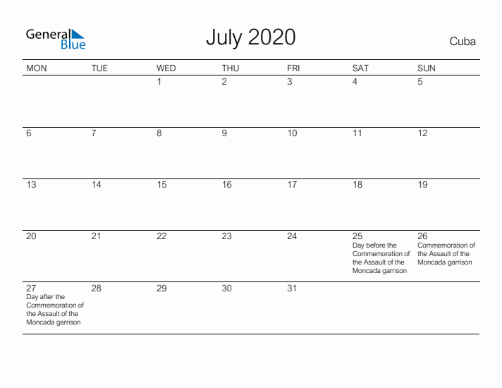 Printable July 2020 Calendar for Cuba
