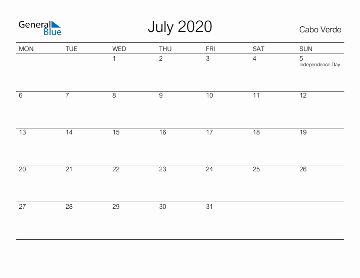 Printable July 2020 Calendar for Cabo Verde